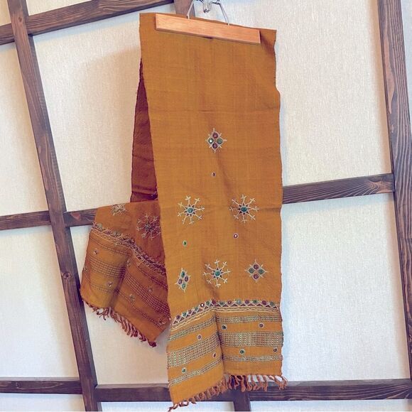 Hand Crafted Embroidered Scarf‎ Made in India Fall Mustard Yellow Boho Detailed - Picture 1 of 4